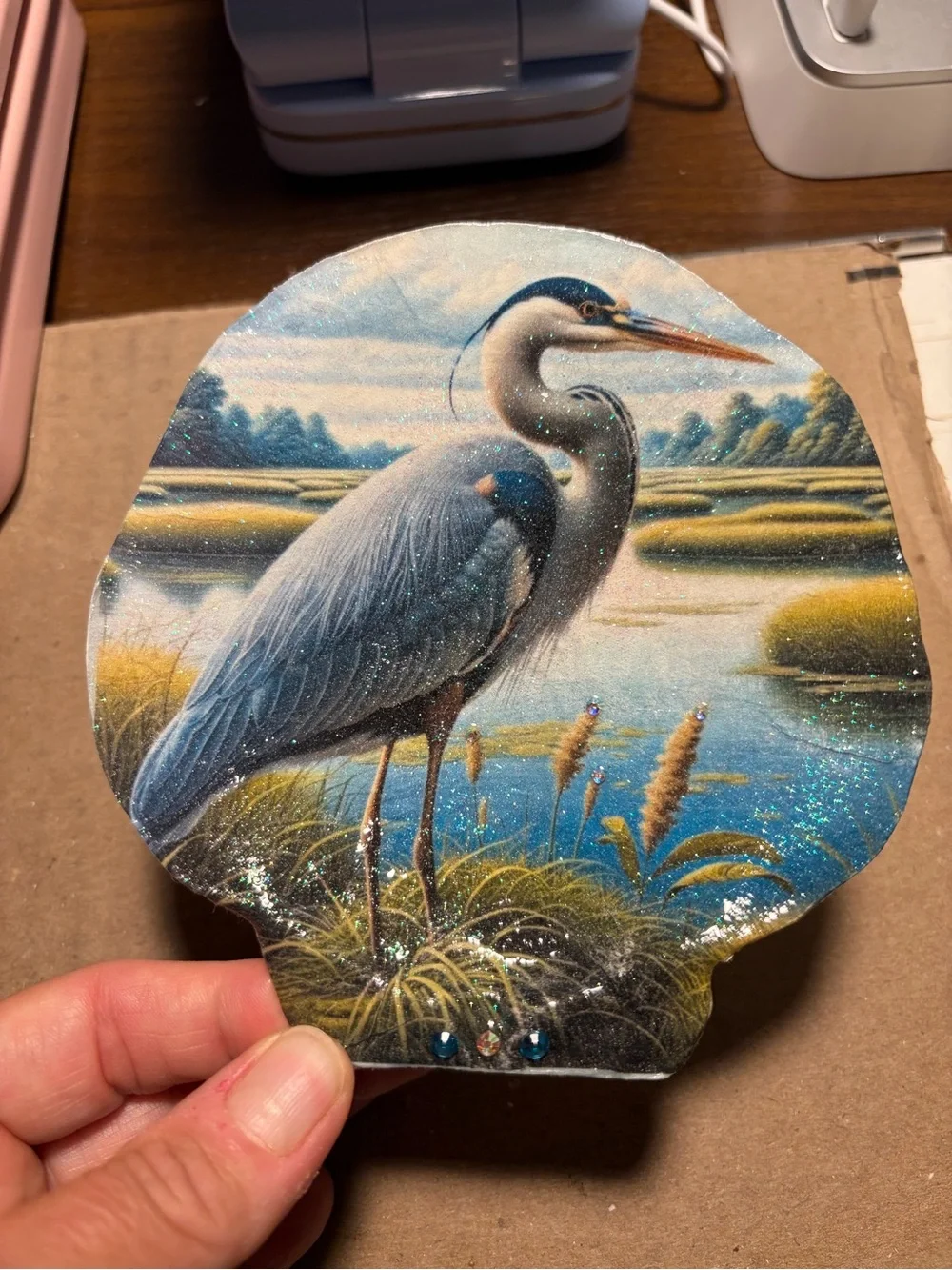 Handcrafted decoupage Blue Heron Decorative scallop Shell with Stand